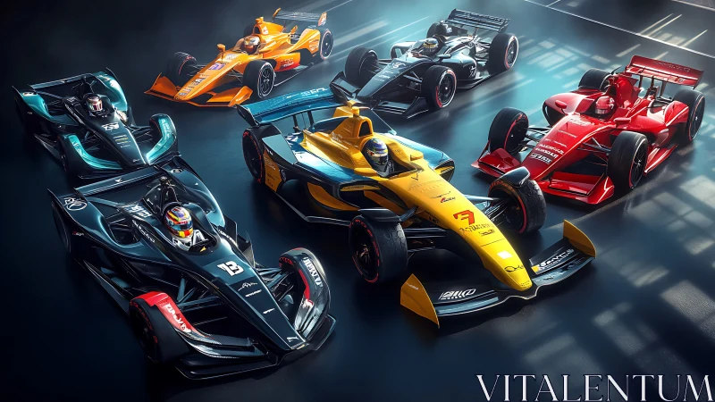 Colorful race cars lined up with sleek, adrenaline ready style.