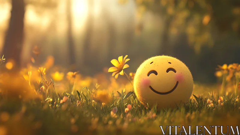 Smiling yellow emoji rests in glowing golden meadow at dawn.