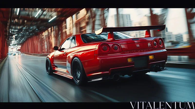 Red sports car racing through urban bridge tunnel at speed.