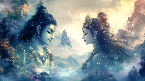 Divine lovers gaze across misty mountains in ethereal light