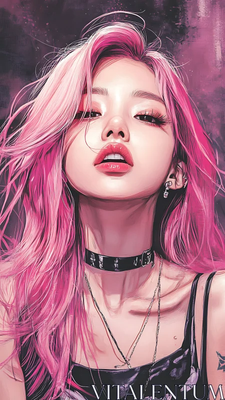 Confident pink haired woman in bold digital portrait.