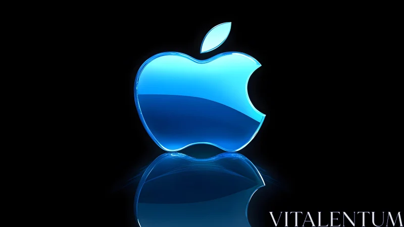 Glossy Blue Apple Logo with Reflection on Black Background.