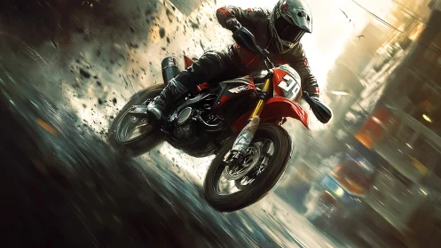 Motorcyclist powers through a wet city street in blazing motion