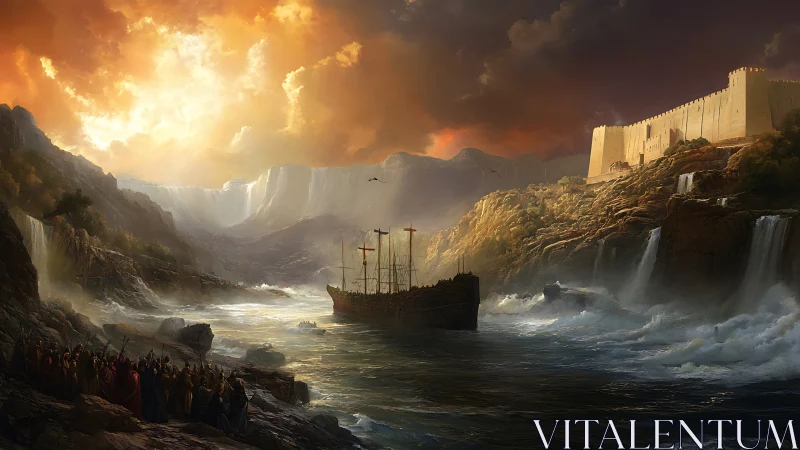 Stormlit fortress watches a lone ark carve through boiling seas