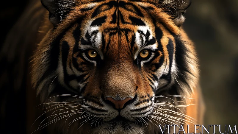 Tiger face captured in sharp frontal close up portrait view