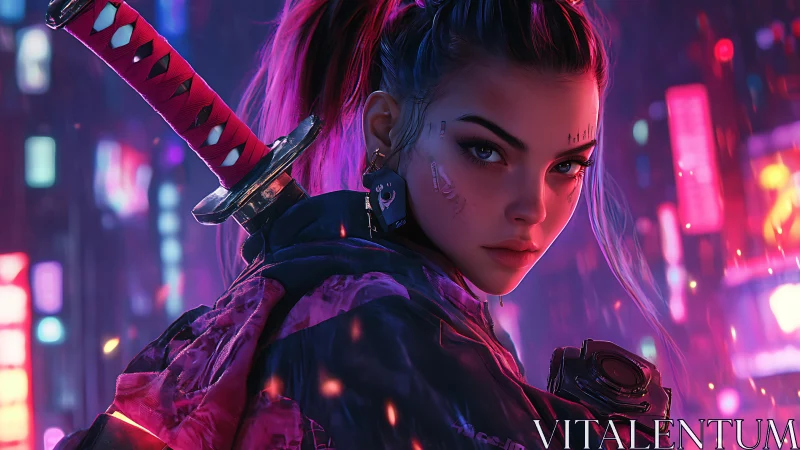 Neon katana sentinel stalking rainlit cyber-city streets.