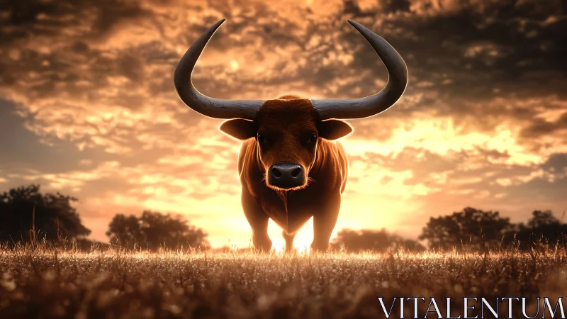 Longhorn bull facing camera in warm sunset field scene.