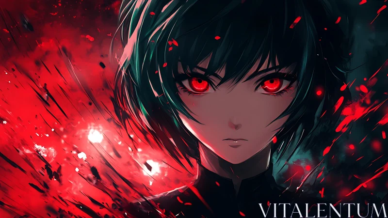 Intense anime portrait renders a red-eyed figure in kinetic light