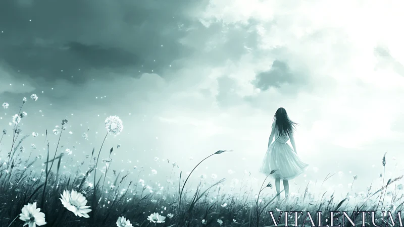 Solitary girl in luminous field under stormlit sky.