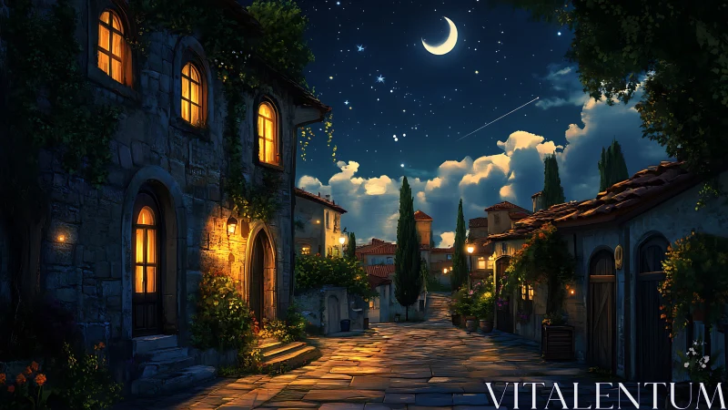 Quiet stone village street under crescent moonlit sky.