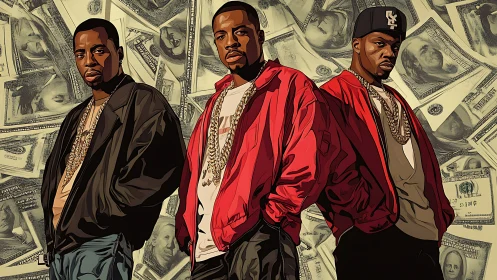 Streetwise swagger in bold jackets and a money-soaked backdrop.