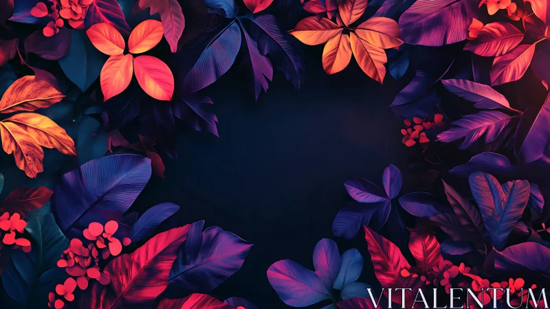 Neon jungle wreath of twilight leaves and glowing petals.