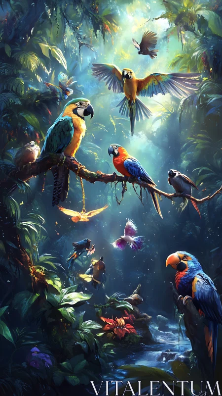 Spectral macaws in volumetric-lit rainforest canopy convergence.