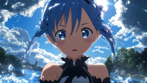 Backlit anime girl in high-contrast aquatic skyfield scene.