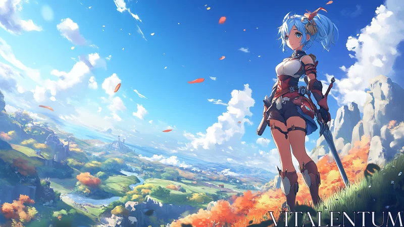 Armored anime figure surveys expansive stylized valley landscape