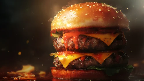 Double-stacked gourmet cheeseburger drips with melted sauce.