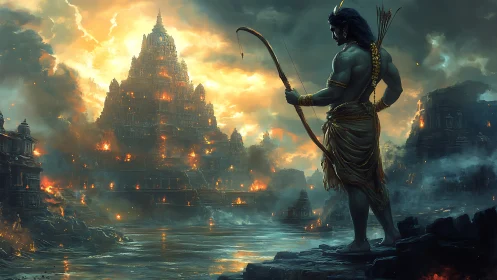 Warrior of twilight watches a burning mythic cityscape.