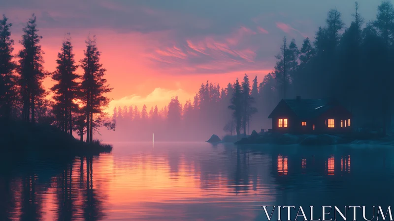 Lake cabin and pine forest reflect in misty sunset light