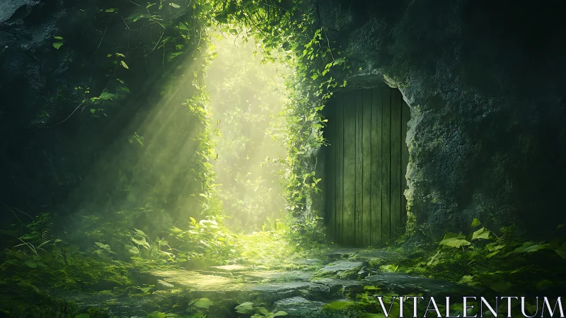 Sunlit forest cave entrance with closed wooden door.