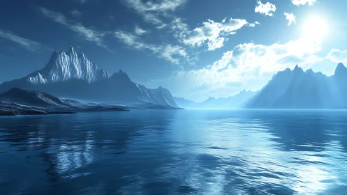 Glacial sapphire seascape under a blazing polar sun.