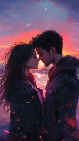 Two figures positioned against luminous sunset gradient backdrop.