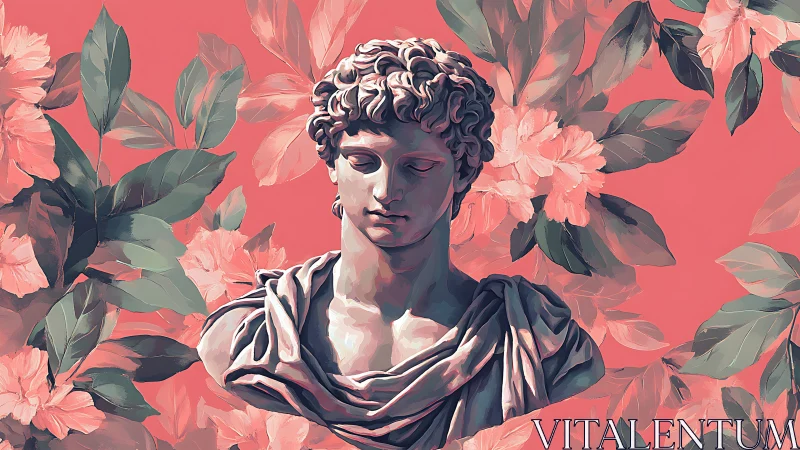 Neoclassical marble bust contrasts with stylized floral backdrop