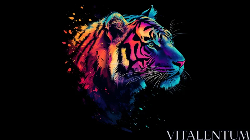 Neon colored tiger portrait on black background in profile.