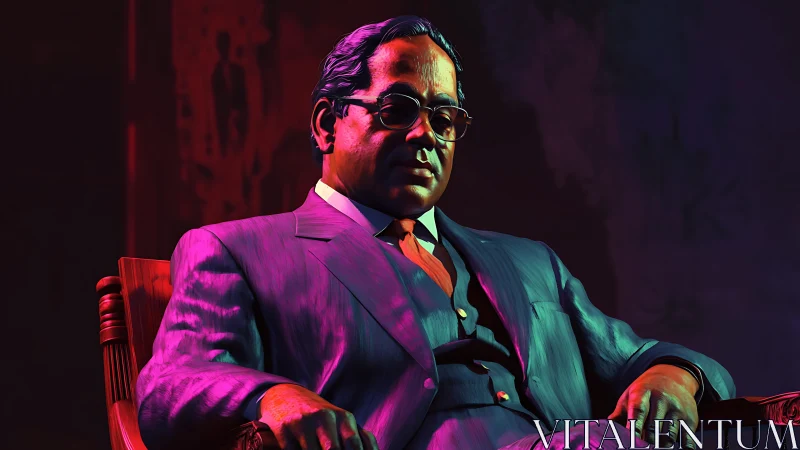 Dramatic low-key portrait of seated man in tri-tone rim lighting