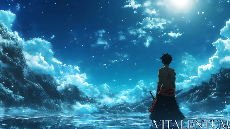 Lone swordsman under luminous celestial ocean sky.