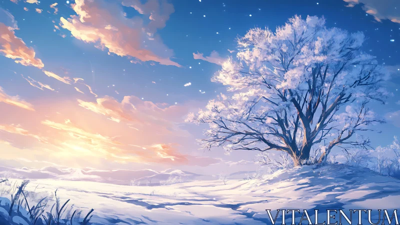 Winter sunrise tree in luminous anime landscape composition.