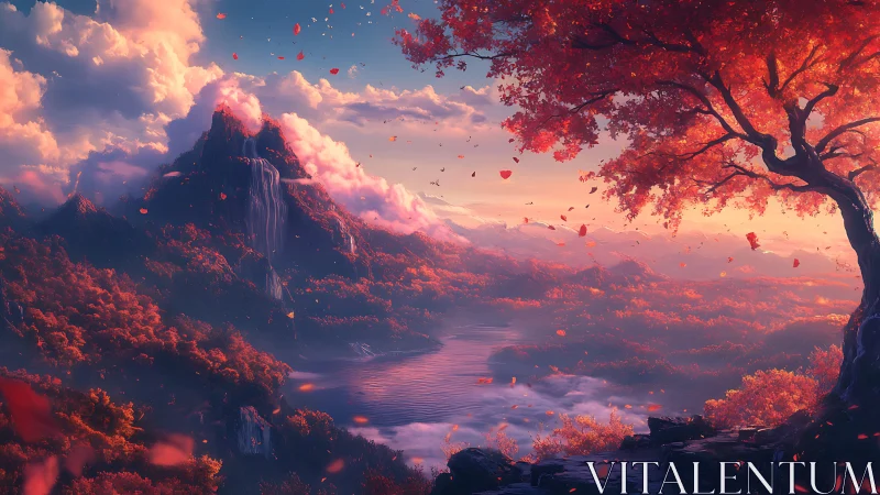 Autumnal fantasy valley unfolds under radiant sunset light