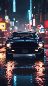 Vintage muscle car on neon-lit wet city street at night.