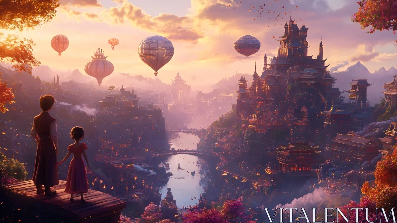 Children greet a lantern sky above a riverborne fantasy city.