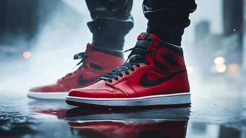 Rain-slicked crimson sneakers stalking the neon city night.