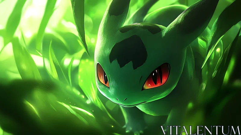 Green creature with red eyes in dense illuminated leaves.