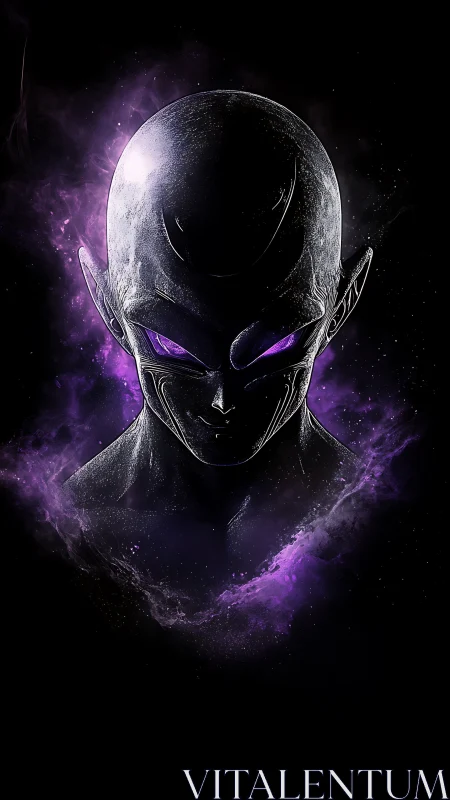 Alien humanoid bust with purple cosmic energy cloud.