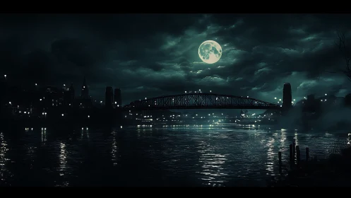 Lunar-lit steel bridge over misty river at midnight.