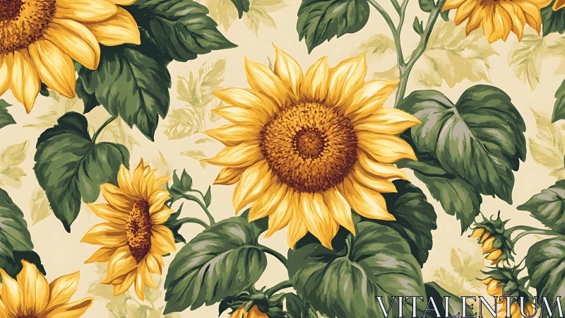 Sunflower chorus blooms across lush painterly foliage.