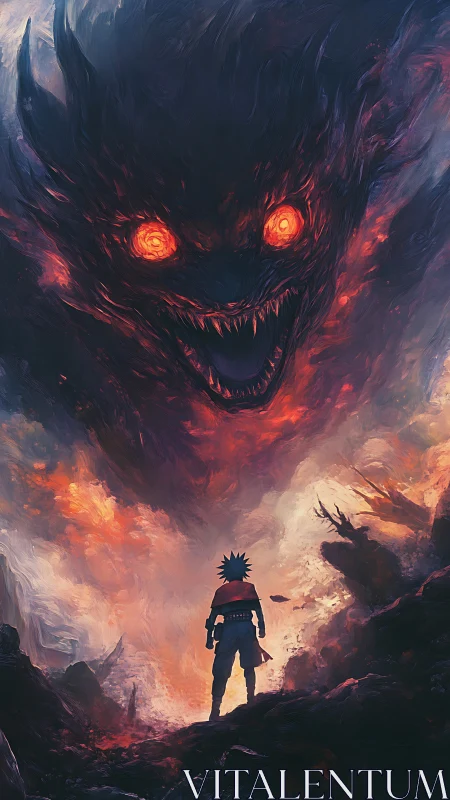 Silhouetted warrior confronts massive fiery demon face