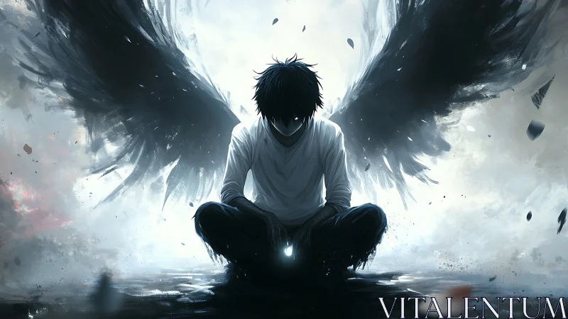 Fallen angel boy sits in glowing mist, holding silent light.