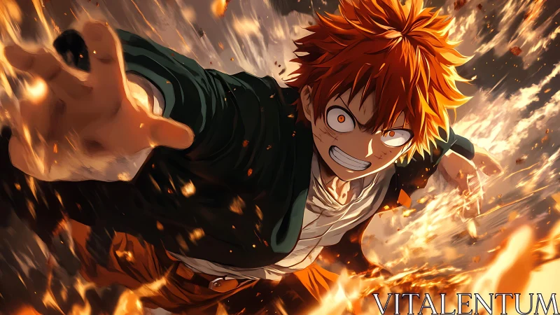 Fiery anime hero lunging forward through blazing debris.