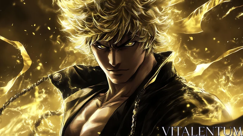Golden-haired anime warrior emerges amid blazing energy storm