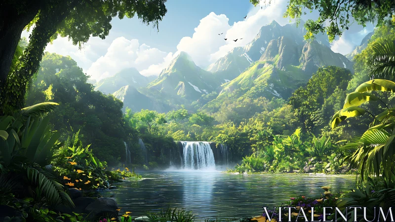 Lush jungle waterfall welcomes quiet mountains and soft light
