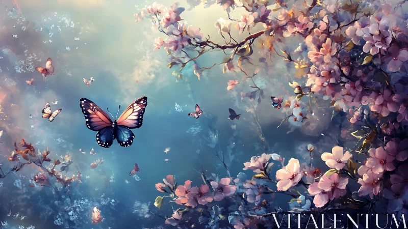 Butterflies in soft twilight sky over blooming branches.