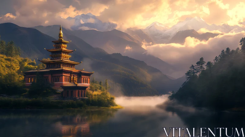 Golden temple glows beside misty lake under dramatic peaks