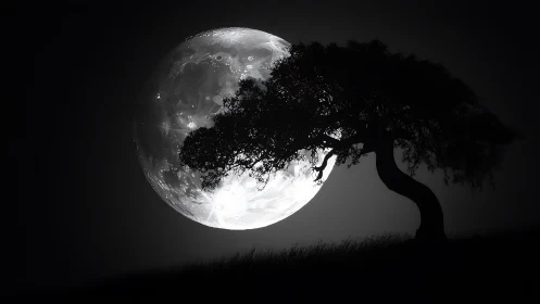 Monochrome lunar silhouette with arched tree foreground composition.