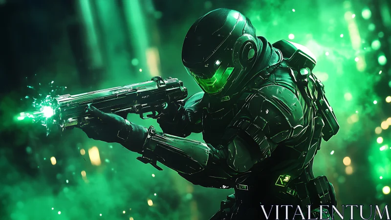 Armored sci fi soldier aiming rifle in green energy field.