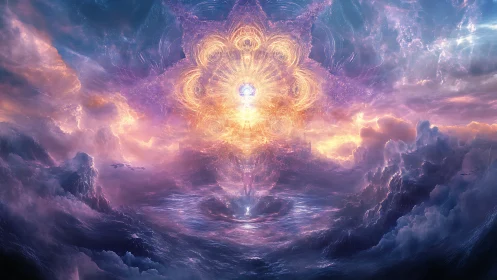 Celestial vortex blooming above storm-tossed cosmic sea.