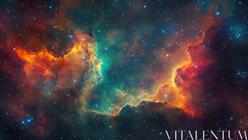 Nebula clouds blaze with teal and fiery orange light.