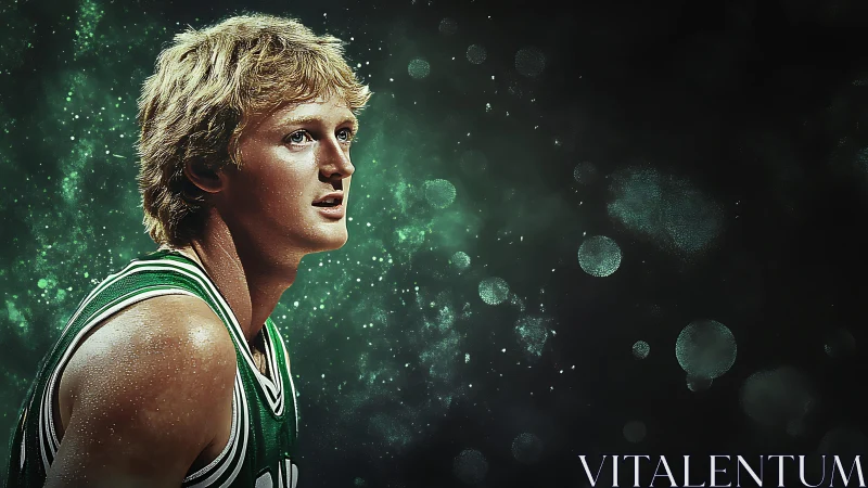 Young basketball player gazes upward in glowing arena haze